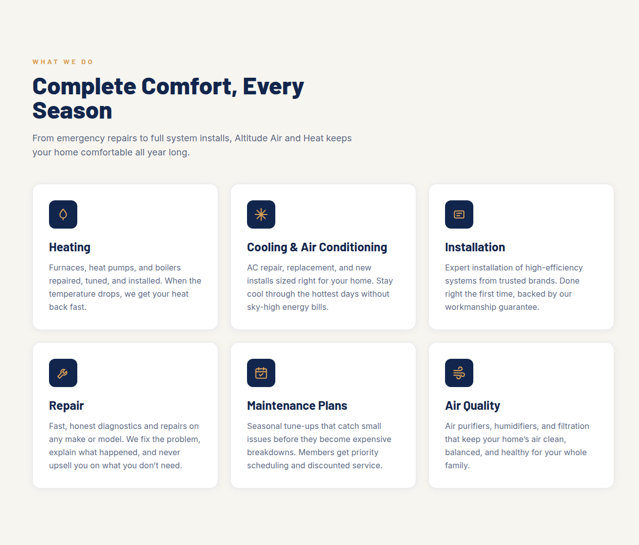 Altitude Air and Heat homepage sections