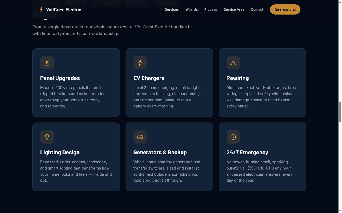 VoltCrest Electric homepage sections